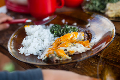 Kid-friendly meal with a plate of rice, fish, and vegetable for dinner overseas